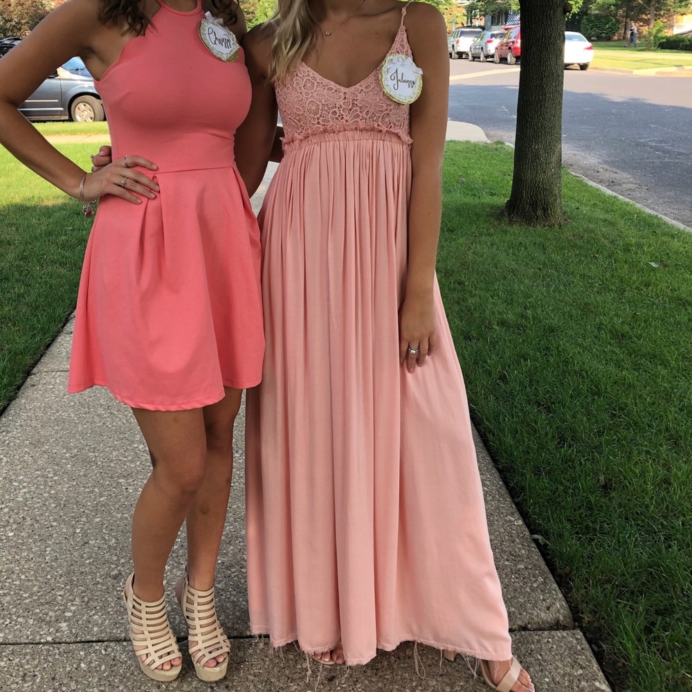 Long, summer dress with open back.